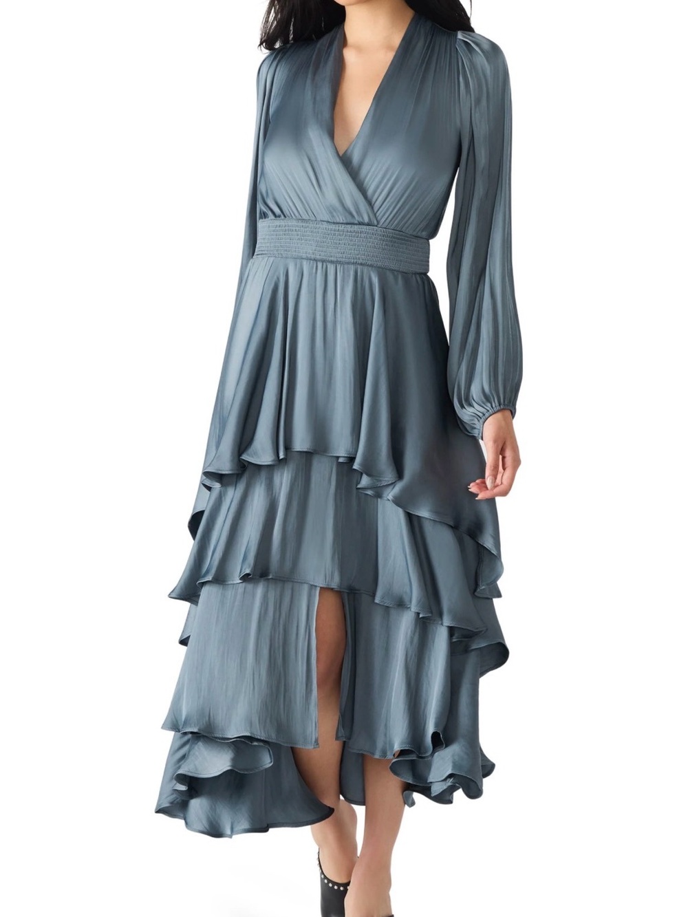 BNWT Steve Madden Slate Blue Satin High-Low Tiered Dress